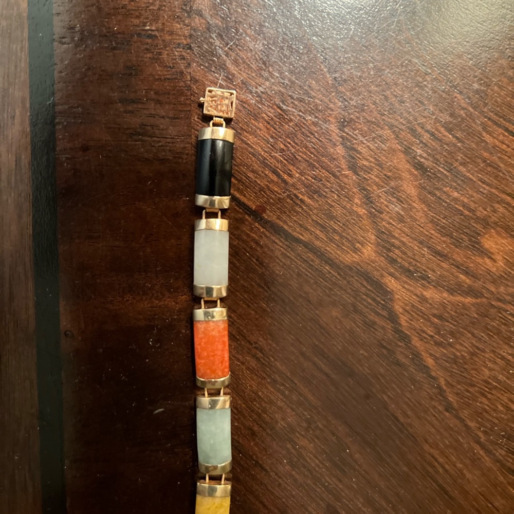14K Yellow Gold Multi-Color Jadeite Jade Bracelet w/Happiness Clasp